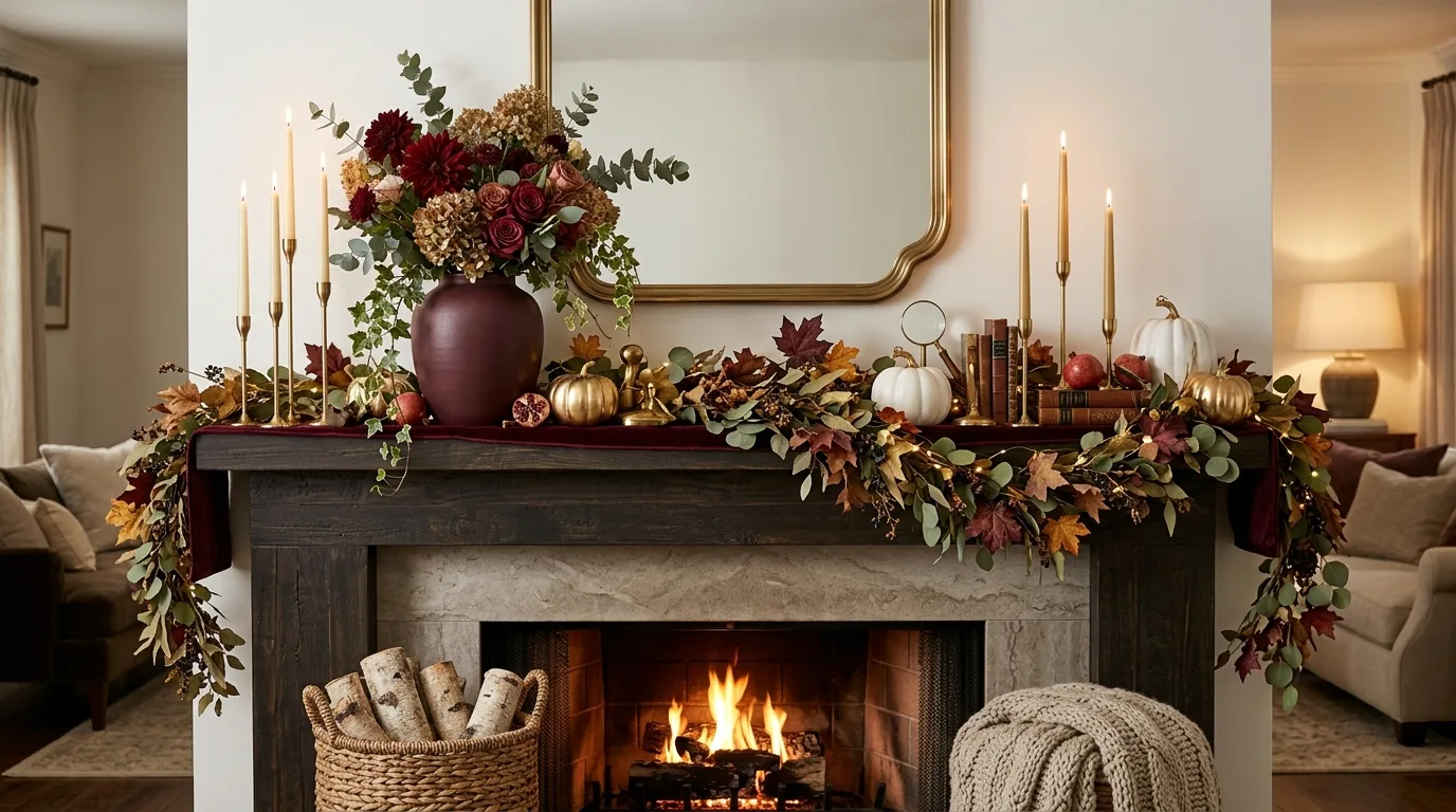 Balance symmetry and asymmetry with intention inspiration for a fall mantel display.